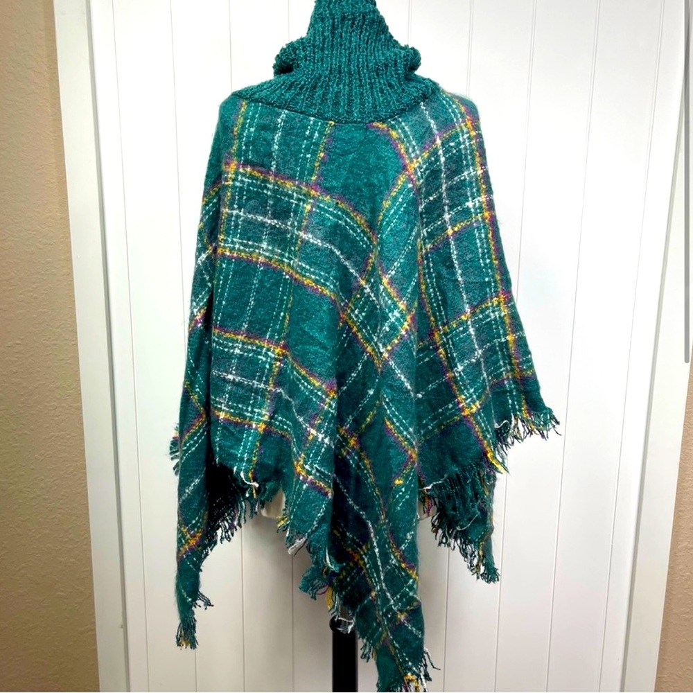 Teal Cowl Neck Poncho Plaid